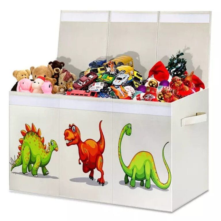 White toy storage box with dinosaur illustrations