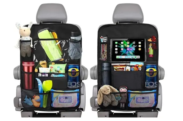 Car seat back organizers with pockets for tablets, bottles and accessories