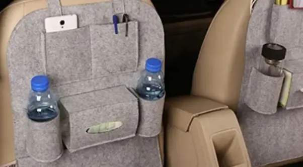 Gray seat back organizer with bottle pockets