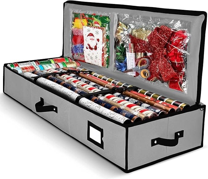 Gray gift wrap storage box with compartments and lid pockets