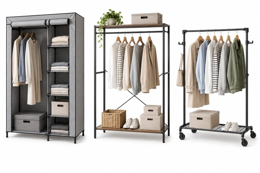 Portable wardrobes with fabric covers and open hanging rails
