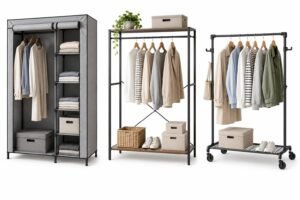 Portable wardrobes with fabric covers and open hanging rails