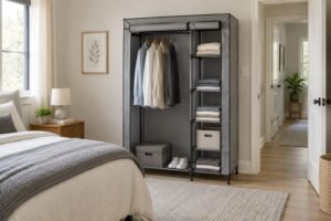 Gray fabric-covered wardrobe beside a bed