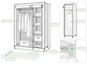 Portable wardrobe diagram showing dimensions and shelf layout