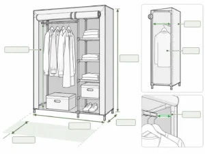 Portable wardrobe diagram showing dimensions and shelf layout