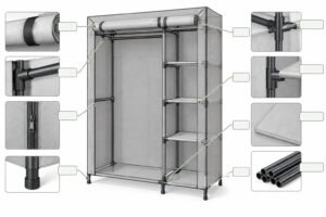 Portable wardrobe frame with close-ups of connectors and shelving