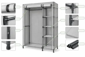 Portable wardrobe frame with close-ups of connectors and shelving