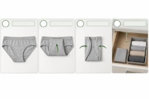 Underwear, fabric samples and a drawer organizer arranged on a table