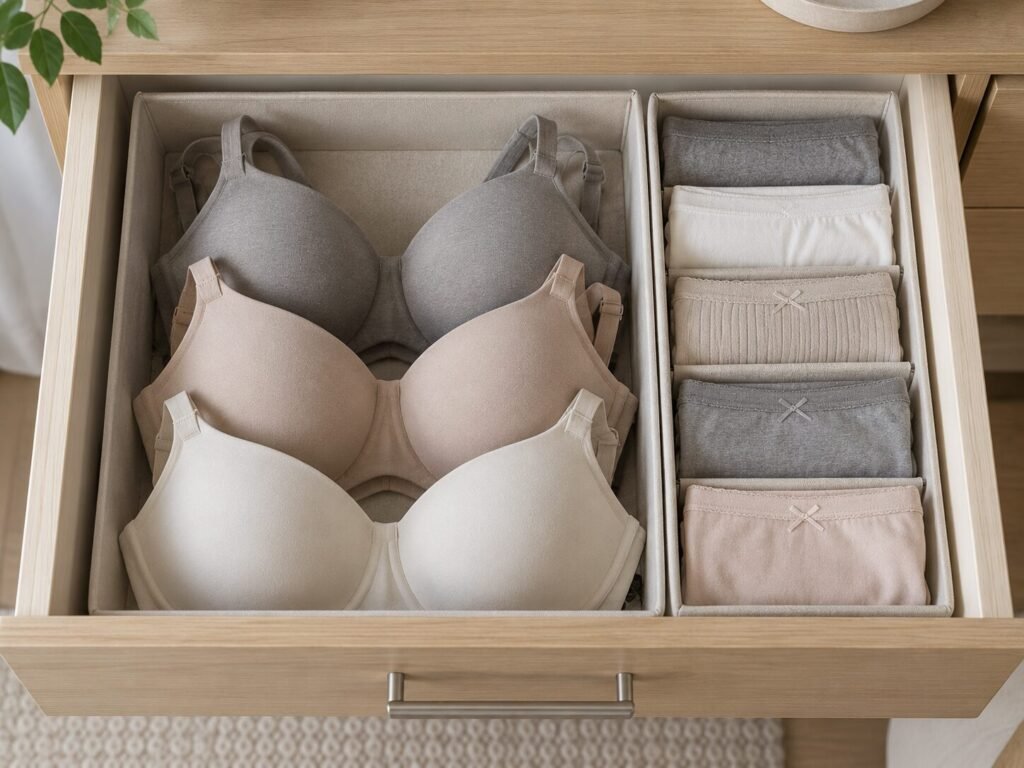 Wooden drawer with fabric organizers separating bras and socks