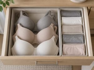 Wooden drawer with fabric organizers separating bras and socks