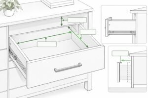Drawer measurement diagram showing width, depth and clearance