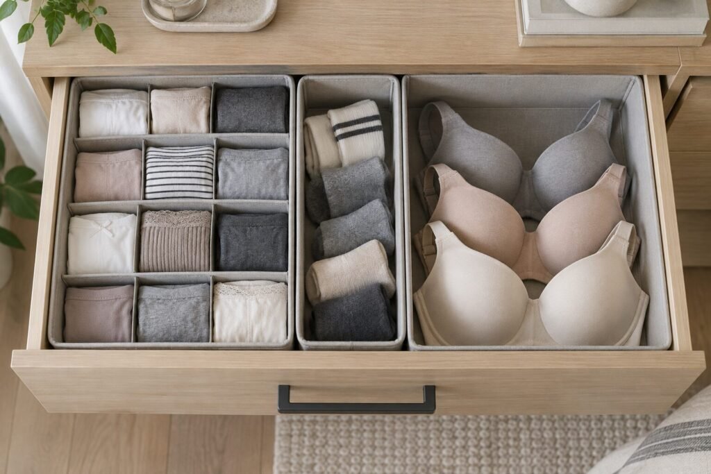 Drawer organizers separating underwear, socks and bras
