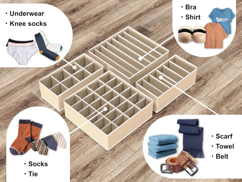 Divided drawer organizers with examples of underwear and sock storage