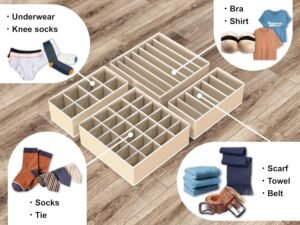 Divided drawer organizers with examples of underwear and sock storage