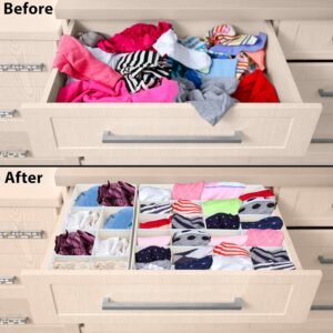 Drawer shown before and after organizing underwear and socks