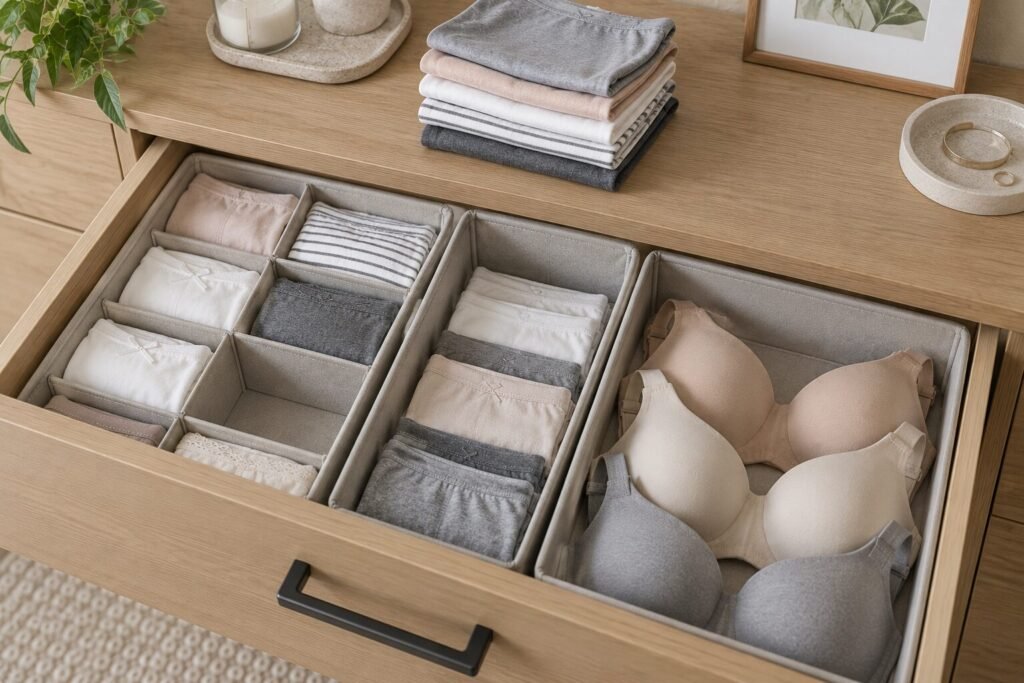 Open wooden drawer with fabric dividers for underwear