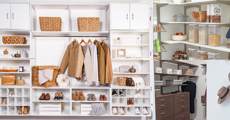 Wardrobe shelves with baskets, shoes and hanging clothes