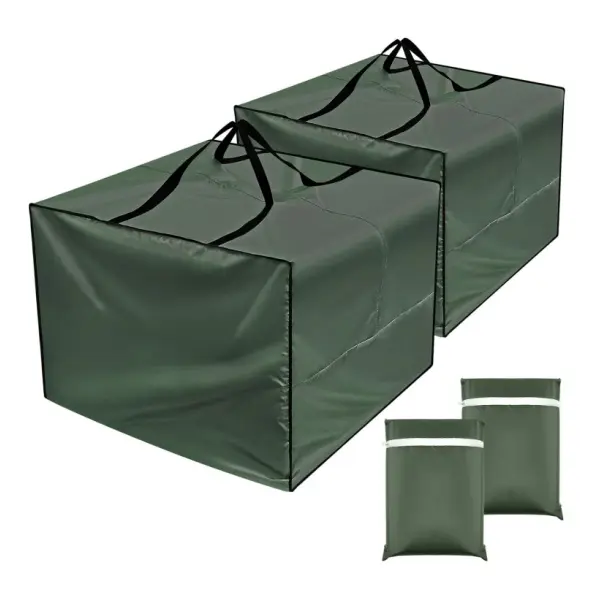 Green rectangular storage bags shown open and closed