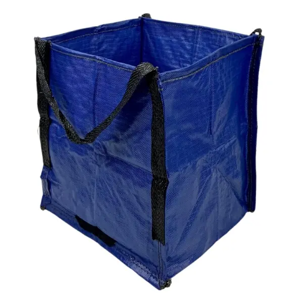 Upright blue storage bag with black carrying straps