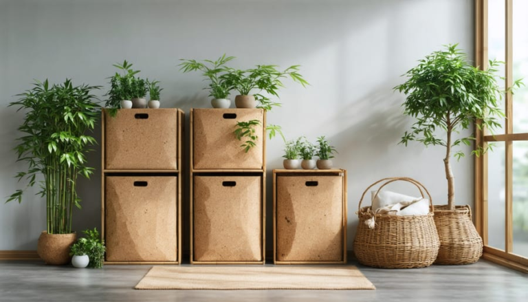 Storage boxes and woven baskets arranged beside houseplants