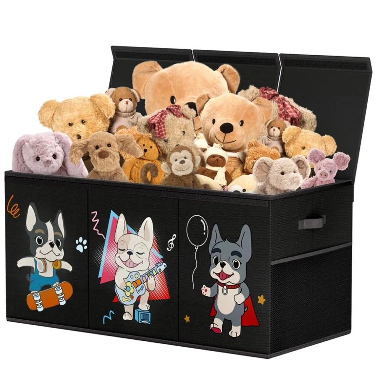 Black toy storage box with animal illustrations and stuffed toys