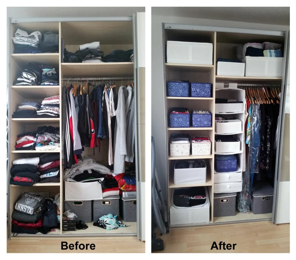 messy vs organized clothing storage setup