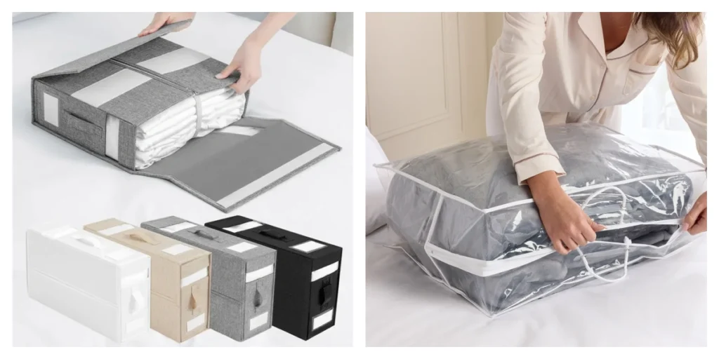 sheet organizers like fabric boxes and pouches