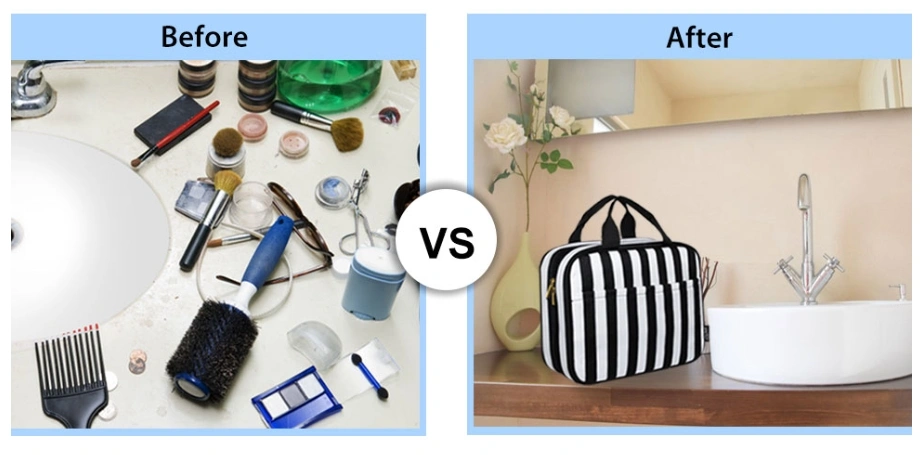 messy vs organized toiletry bag layout