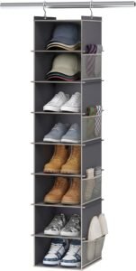 Gray hanging shoe organizer filled with shoes