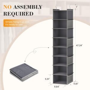 Gray hanging shelf organizer shown folded and expanded