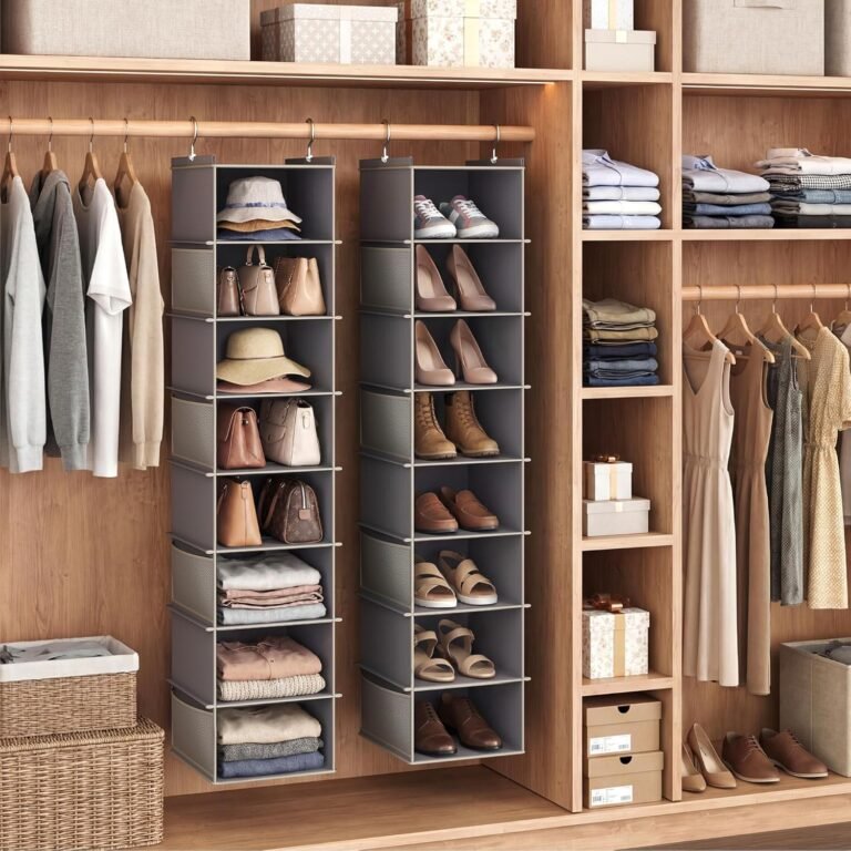 Two hanging wardrobe organizers holding shoes, bags, hats and folded clothes