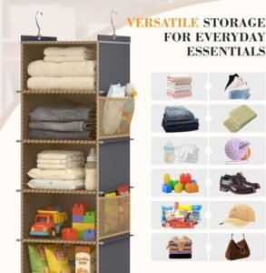 Hanging shelf organizer shown storing shoes, towels and household items