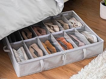 Foldable fabric shoe storage box placed under a bed