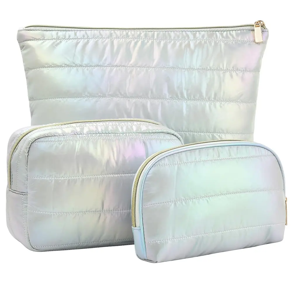 Wholesale Iridescent Quilted Puffer Makeup Bag Set