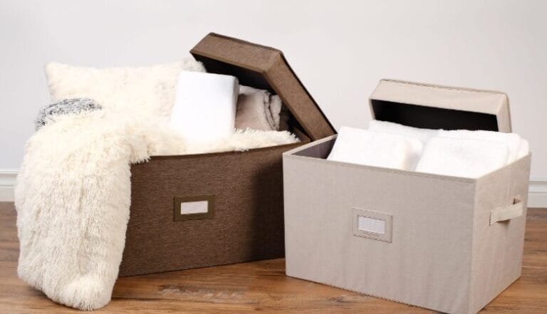 Brown and cream fabric storage bins with open lids