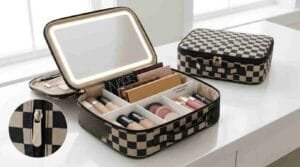 Greatshine checkered LED makeup bag with lit mirror, the best overall LED makeup bag with mirror for travel and daily use 2026