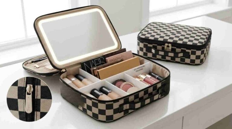Greatshine checkered LED makeup bag with lit mirror, the best overall LED makeup bag with mirror for travel and daily use 2026