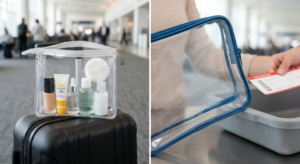 TSA compliant clear TPU makeup bag for airport travel, exactly what fits inside for security, wholesale custom transparent cosmetic bags
