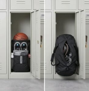 Drawstring gym bag vs traditional duffel, fits standard gym lockers, compact gym bag for men