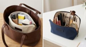 Compact everyday cosmetic bag for handbag, exactly what fits inside for daily touch-ups, wholesale custom printed makeup bags for retail brands