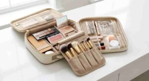 How to organise a makeup bag, showing an organized custom makeup bag with compartments and brush pouches.