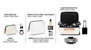 LED makeup bag size guide, showing small daily, medium travel, and large professional makeup bag dimensions