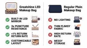 Side-by-side comparison of Greatshine LED makeup bag vs regular makeup bag, showing benefits of lighted cosmetic bags with mirror