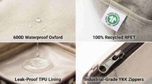 Close-up of makeup bag materials: 600D Oxford fabric, recycled RPET, TPU lining, and YKK zippers, material spotlight for LED cosmetic bags