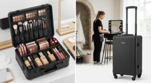 Professional hard-shell cosmetic makeup case for makeup artists, exactly what fits inside for on-location work, wholesale custom makeup cases