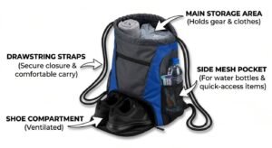 ustom drawstring gym bag with shoe compartment and multi pockets