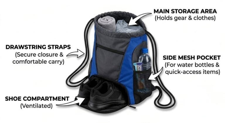 ustom drawstring gym bag with shoe compartment and multi pockets
