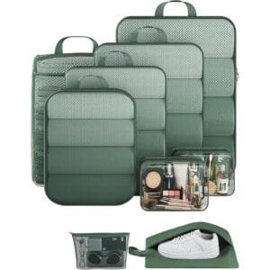 Green compression packing cubes set for travel luggage organization