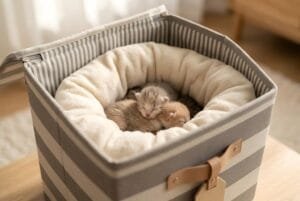 Finished DIY cardboard cat nesting box in apartment closet