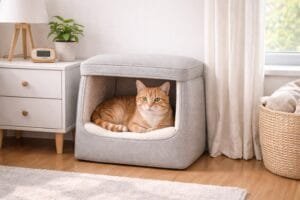 Pregnant cat resting in a fabric cat nesting box in small apartment
